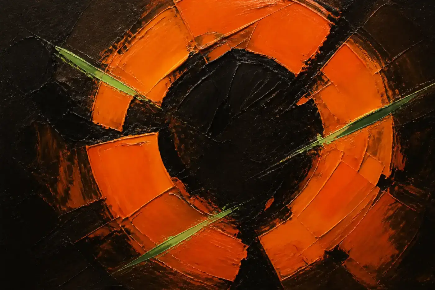 Abstract oil painting — an orange arc circling but never closing, cut across by green sparks