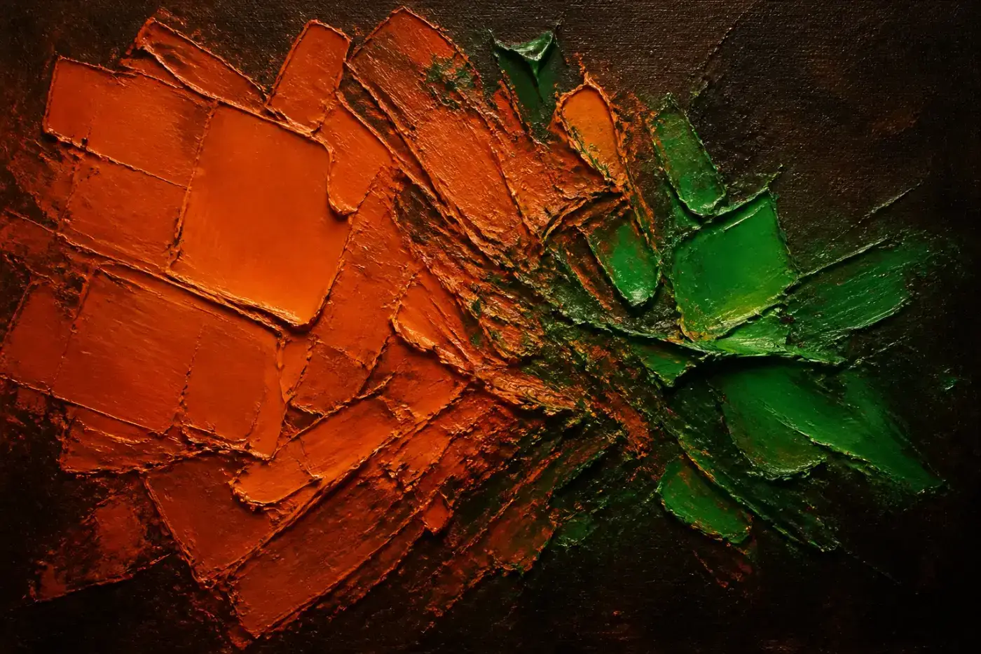 Abstract oil painting — orange and green colliding head-on along a churned central seam