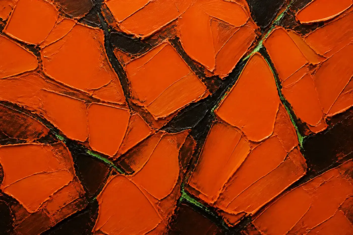 Abstract oil painting — slabs of burnt orange split by narrow fissures, with green glowing in a few of the cracks