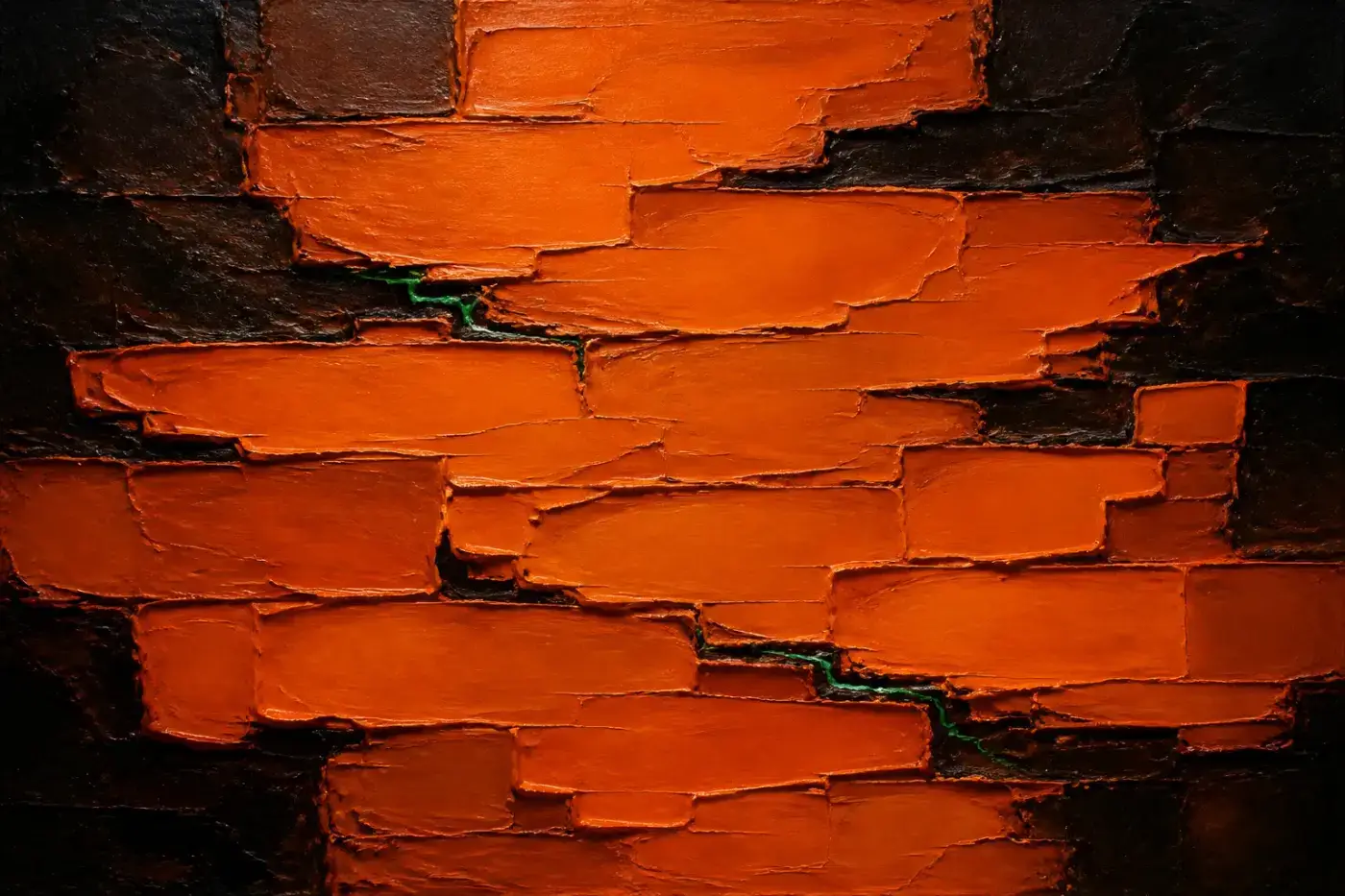 Abstract oil painting — orange plates held together along risky green seams